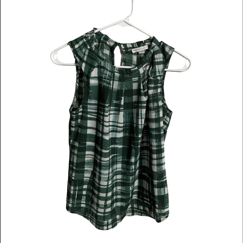 New York & Company green and white plated blouse
